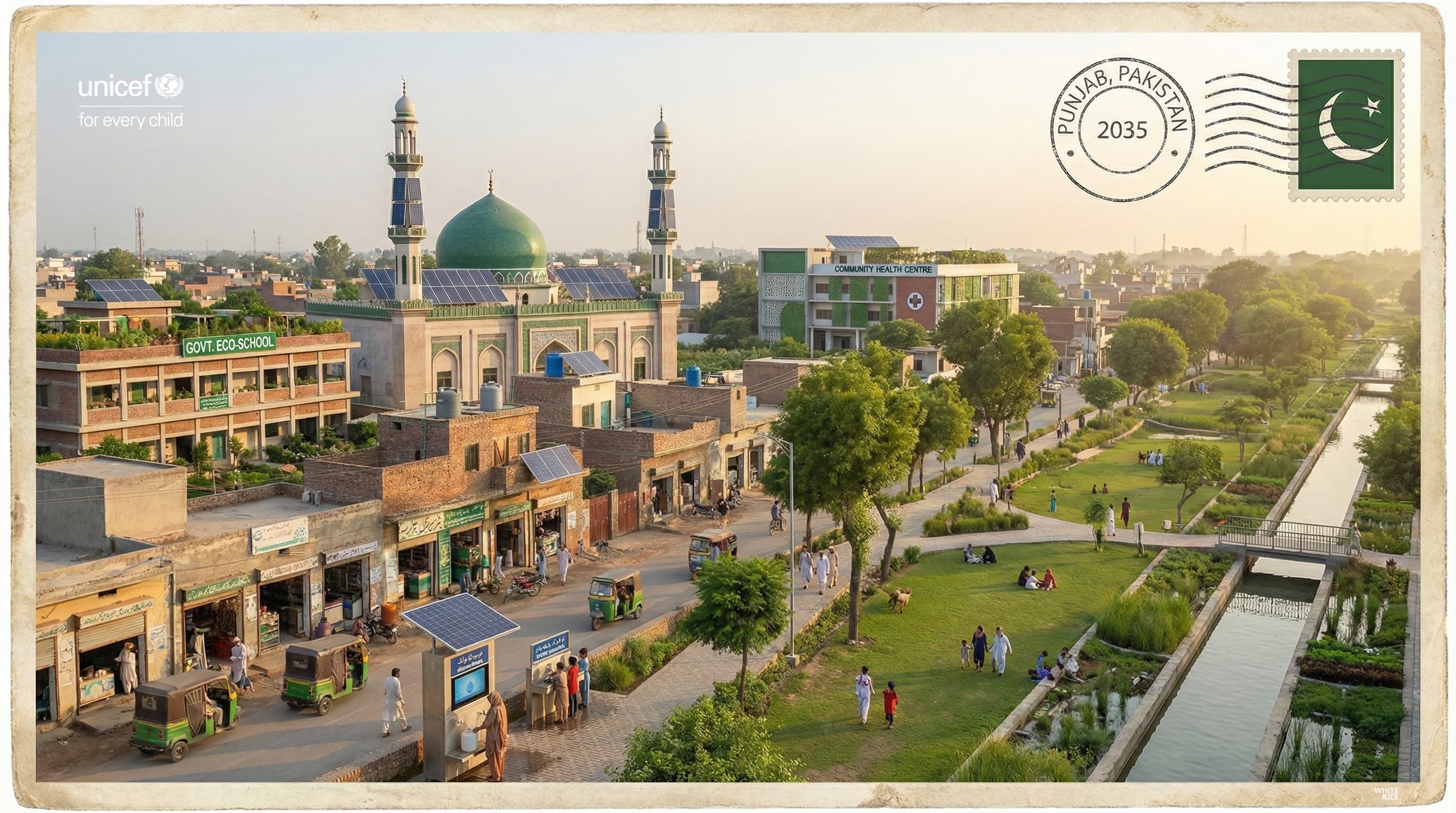 Punjab 2035 vision postcard: a future city with eco-schools, solar panels, and clean green community spaces